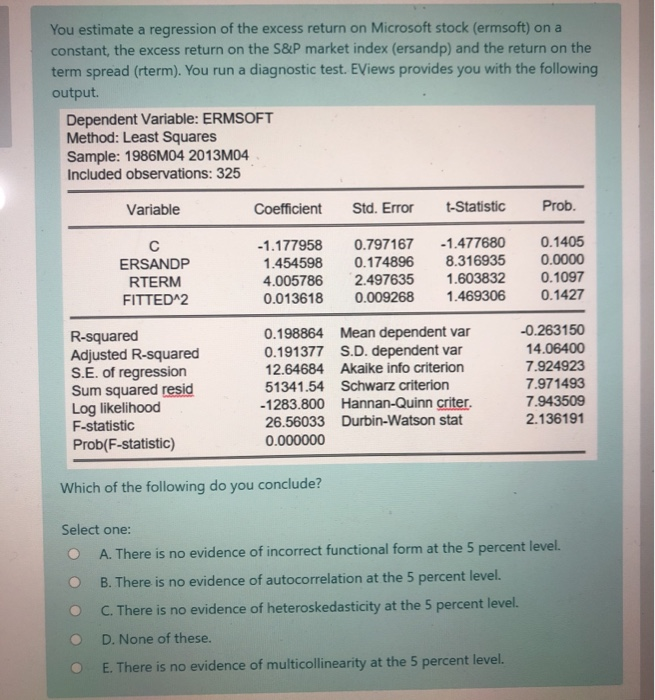 Solved You estimate a regression of the excess return on | Chegg.com
