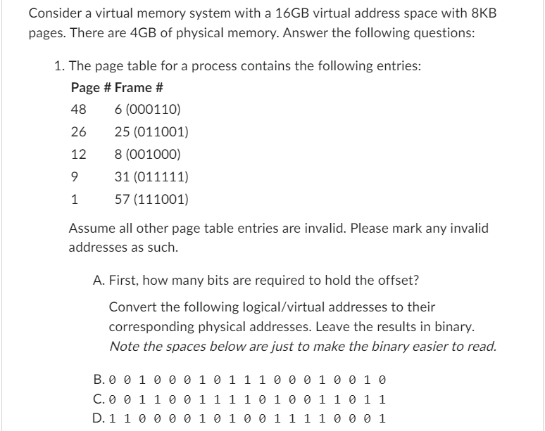 Solved Consider a virtual memory system with a 16GB virtual | Chegg.com