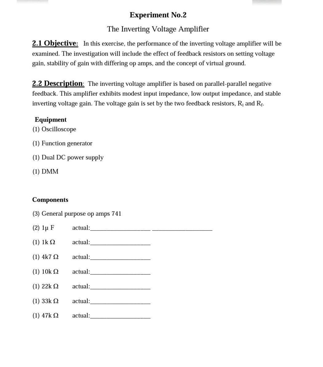 Experiment No.2 The Inverting Voltage Amplifier 2.1 | Chegg.com