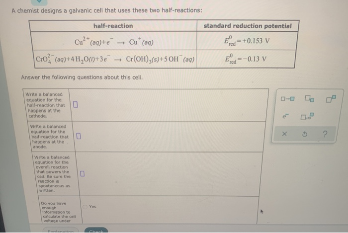 Solved A Chemist Designs A Galvanic Cell That Uses These Chegg Com