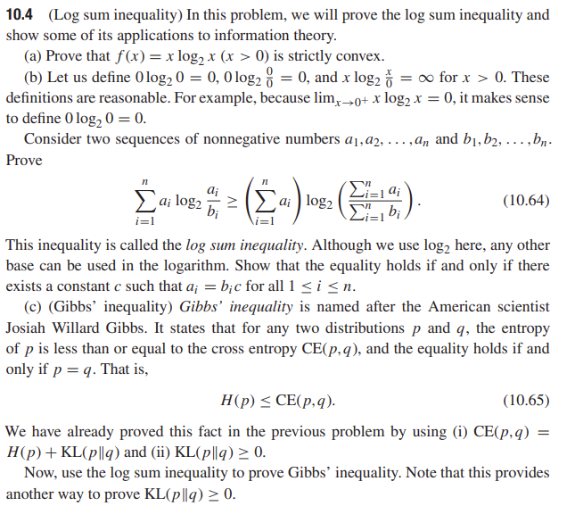 Solved 10.4 (Log sum inequality) ﻿In this problem, we will | Chegg.com