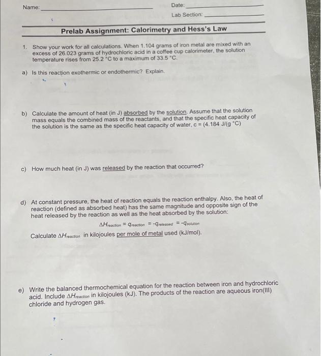 Solved Date Name Lab Section Prelab Assignment