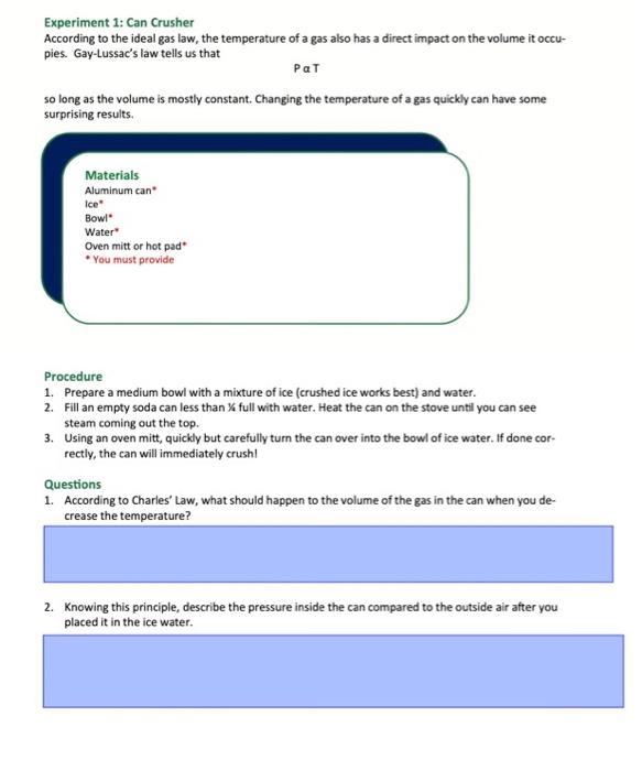Solved Experiment 1 Can Crusher According To The Ideal Gas Chegg Com
