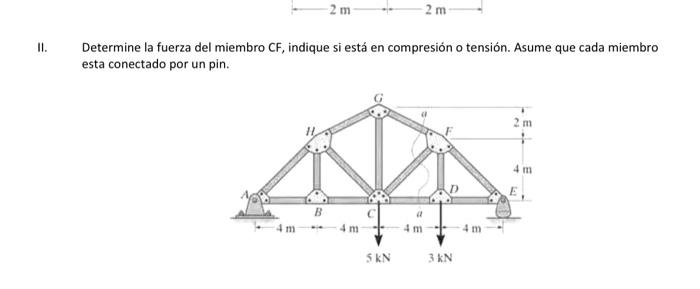 Determine la fuerza del miembro \( \mathrm{CF} \), indique si está en compresión o tensión. Asume que cada miembro esta conec