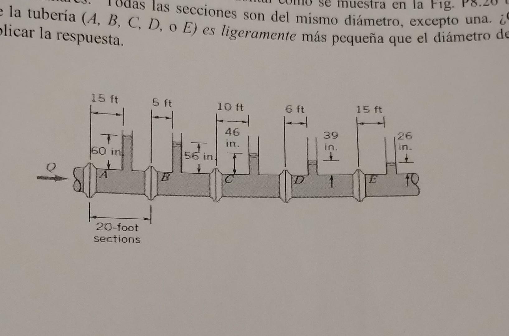 la tubería ( \( A, B, C \) las secciones son del mismo diámetro, excepto una. licar la respuesta.