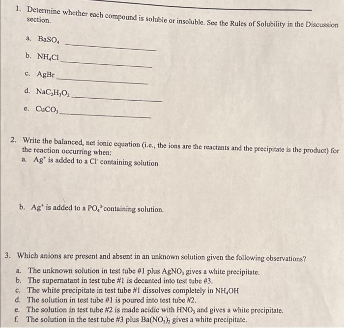 Solved 1. Determine whether each compound is soluble or | Chegg.com