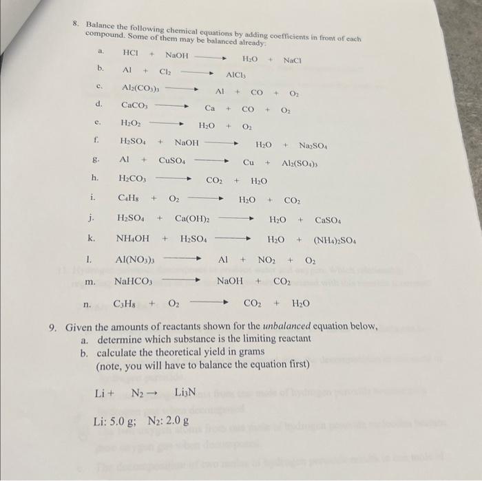 Solved 8. Balance the following chemical equations by adding | Chegg.com