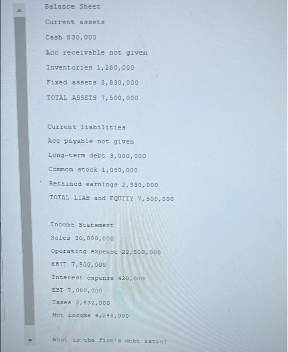 Solved Balance Sheet Current assets Cash 830,000 Acc | Chegg.com