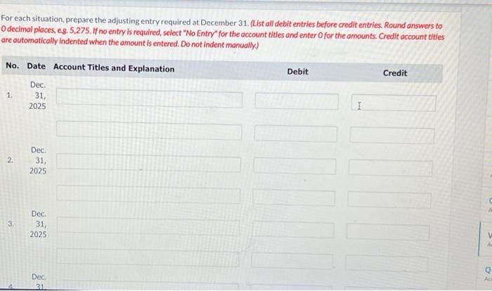 Solved For each situation, prepare the adjusting entry | Chegg.com