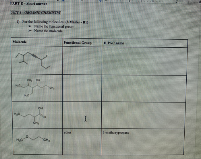 Solved PART D-Short Answer UNIT ORGANIC CHEMISTRY 1) For The | Chegg.com