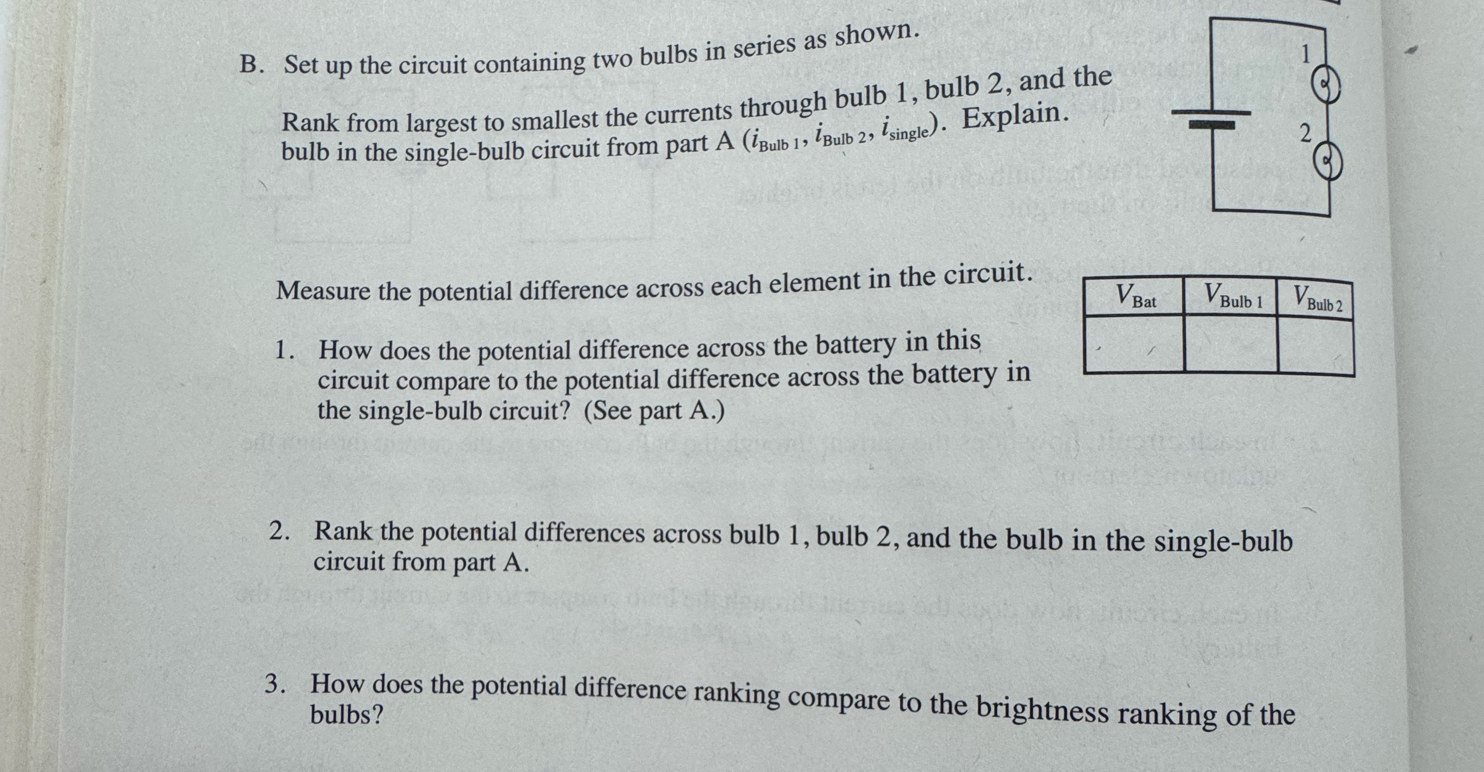 Solved B. ﻿Set up the circuit containing two bulbs in series | Chegg.com