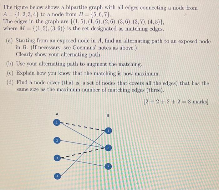 The figure below shows a bipartite graph with all edges connecting a node from \( A=\{1,2,3,4\} \) to a node from \( B=\{5,6,