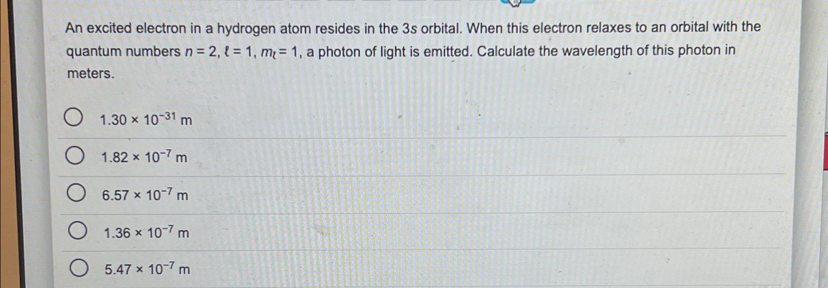 Solved An excited electron in a hydrogen atom resides in the | Chegg.com