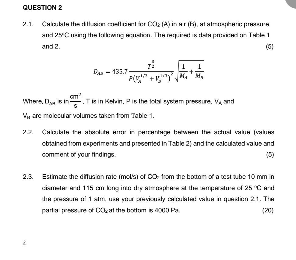 Solved 2.1. Calculate The Diffusion Coefficient For CO2( A) | Chegg.com