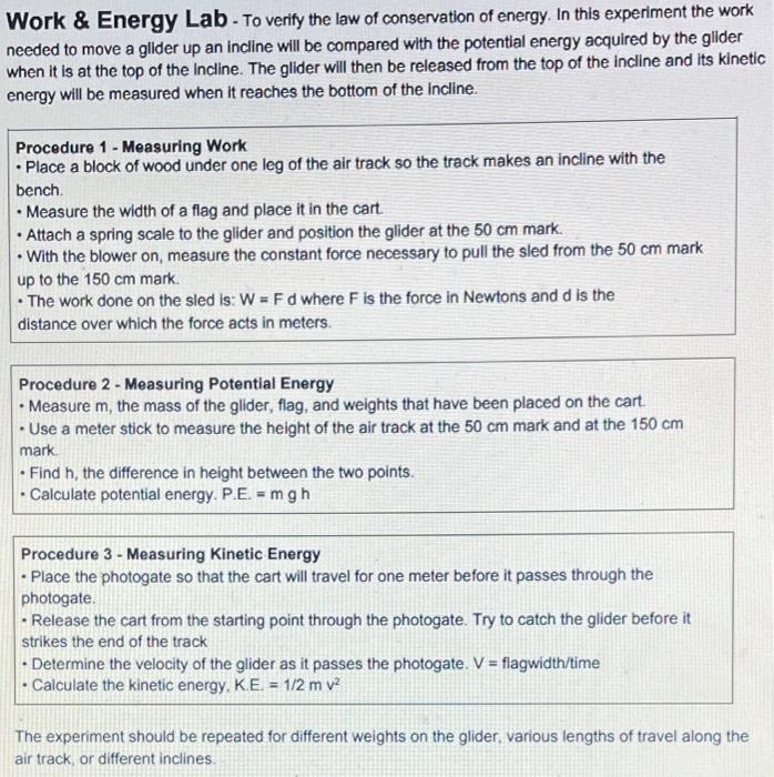 Solved Work & Energy Lab - To verify the law of conservation | Chegg.com