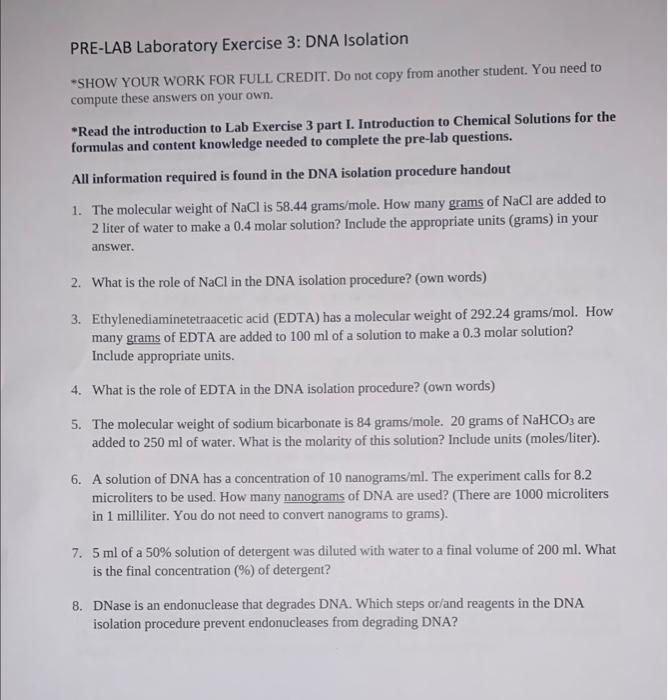 Solved PRE-LAB Laboratory Exercise 3: DNA Isolation -SHOW | Chegg.com