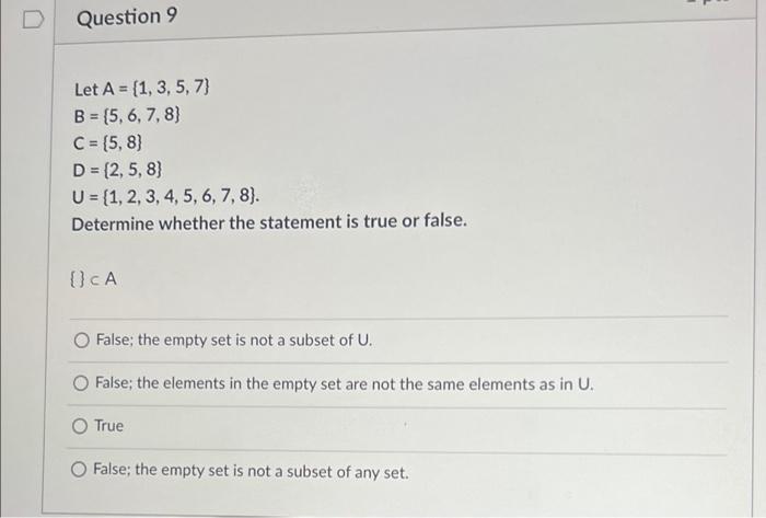 Solved Question 9 Let A = (1, 3, 5, 7) B = {5, 6, 7, 8) C = | Chegg.com