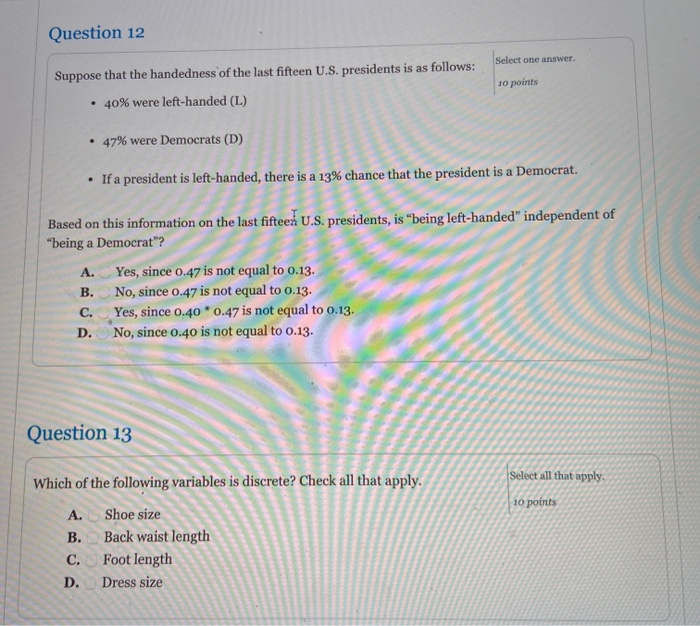 Solved Question 12 Select one answer. 10 points Suppose that | Chegg.com