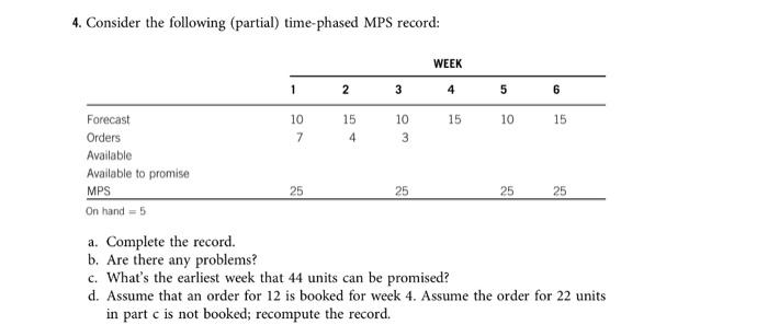 Solved 4. Consider the following (partial) time-phased MPS | Chegg.com