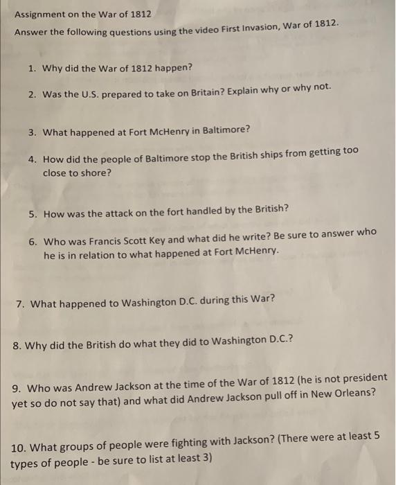 Assignment On The War Of 1812 Answer The Following Chegg