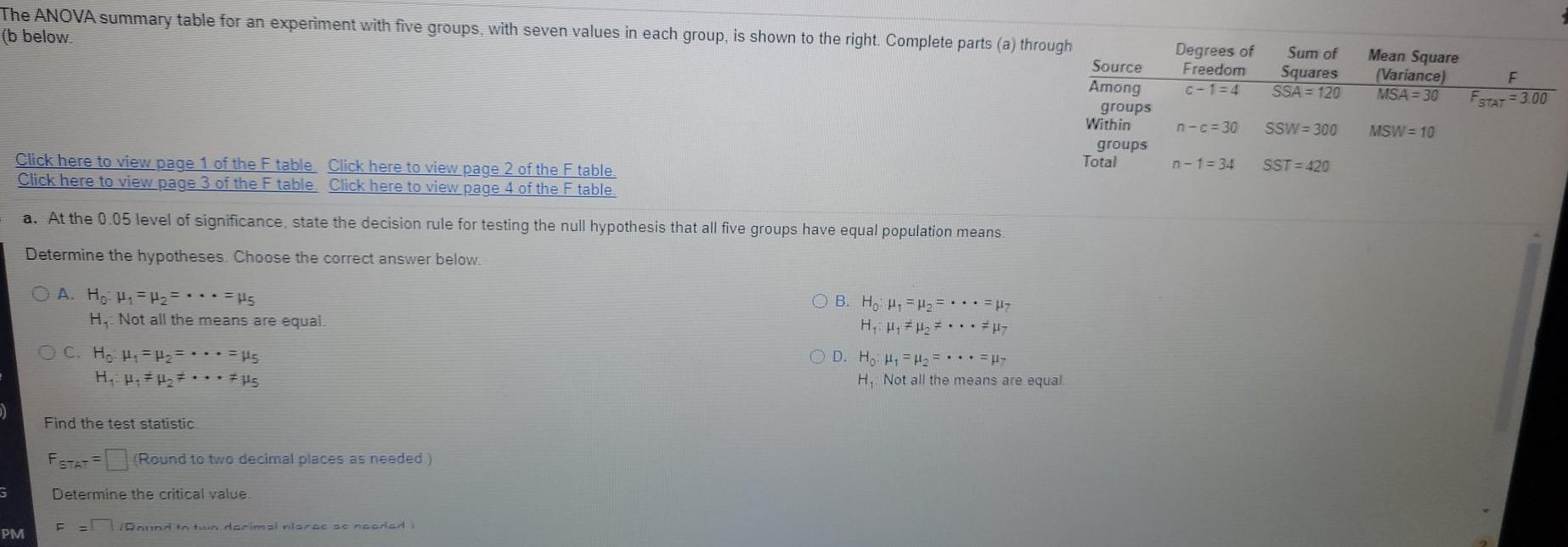 Solved The ANOVA summary table for an experiment with five | Chegg.com