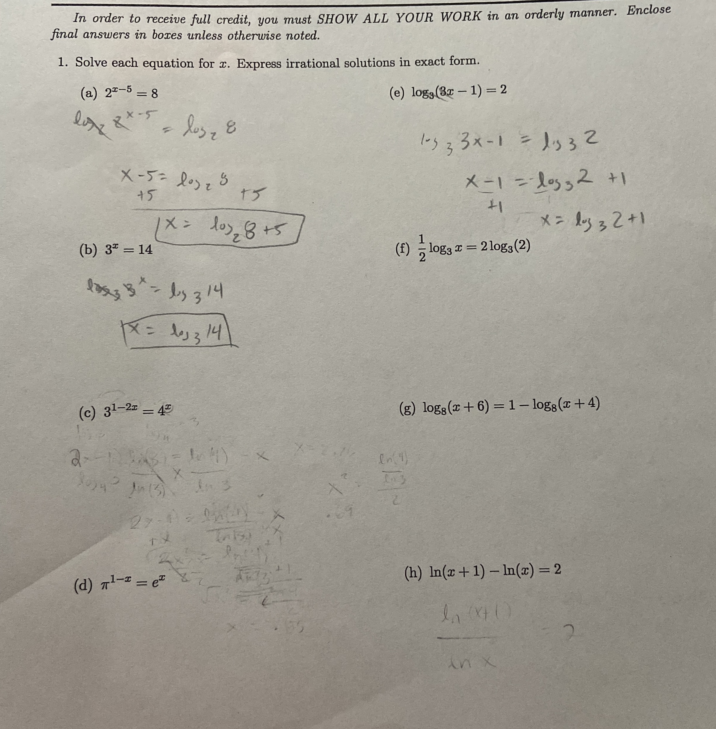Solved In order to receive full credit, you must SHOW ALL | Chegg.com
