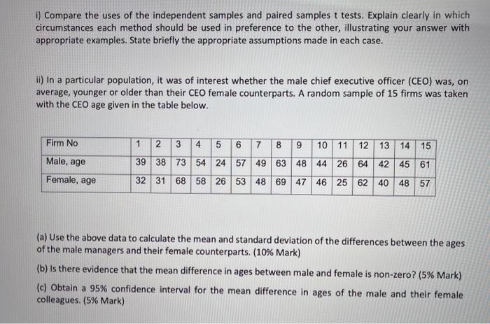 Solved i) Compare the uses of the independent samples and | Chegg.com
