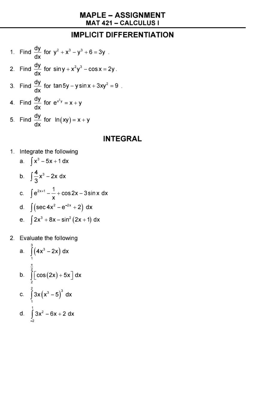 Solved MAPLE - ASSIGNMENT MAT 421 - CALCULUS I IMPLICIT | Chegg.com