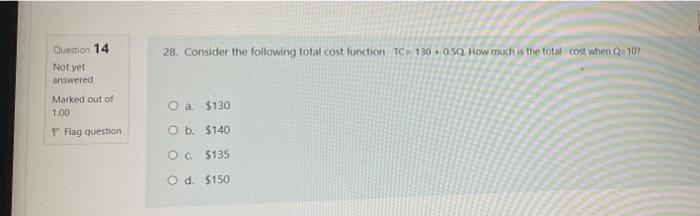 Solved Question 14 28. Consider the following total cost | Chegg.com