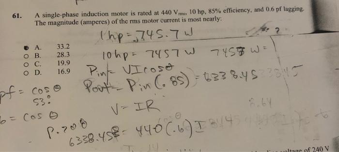 Solved 61. A single-phase induction motor is rated at 440 m, | Chegg.com