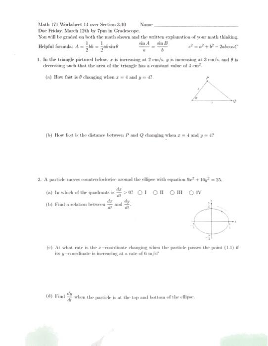 Solved Math 171 Worksheet 14 ever Section 3.10 Nam Due | Chegg.com