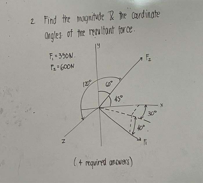 2. Find the magnitude \& the cordinate angles. of the resultant force.
(4 required anowers)