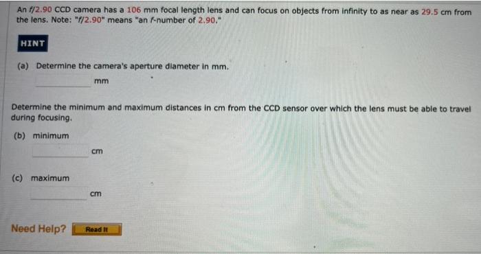 Solved An f/2.90 CCD camera has a 106 mm focal length lens | Chegg.com