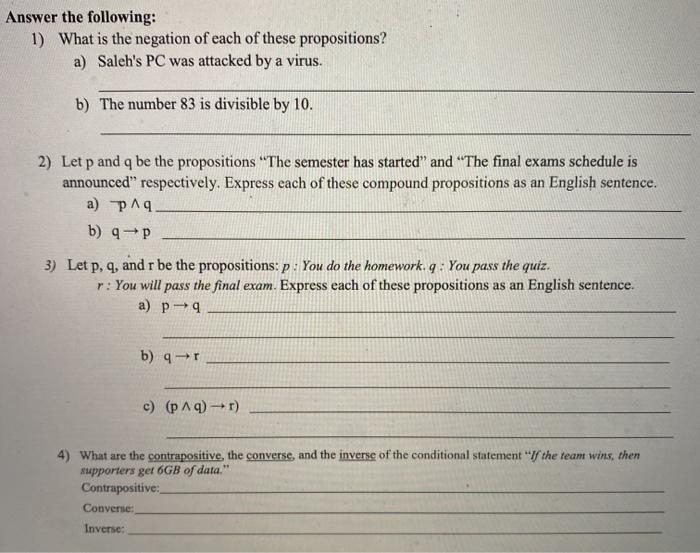 Solved Answer the following: 1) What is the negation of each | Chegg.com