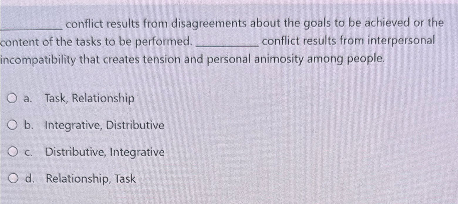 Solved conflict results from disagreements about the goals | Chegg.com