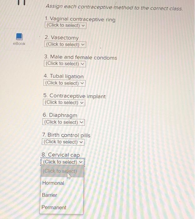 Solved Assign each contraceptive method to the correct | Chegg.com
