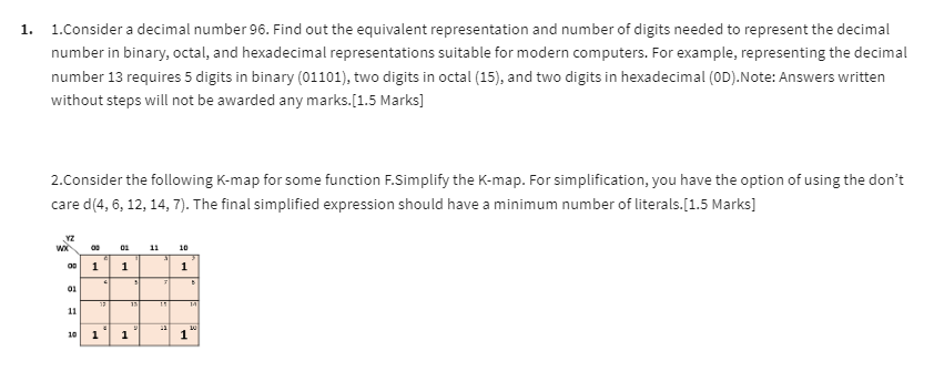 Solved 1.Consider A Decimal Number 96 . Find Out The | Chegg.com