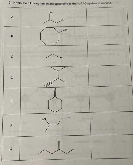 5) Name the following molecules according to the IUPAC system of naming.
OH
CI
B
C
D
E
LL
G
H?N
OH
Br