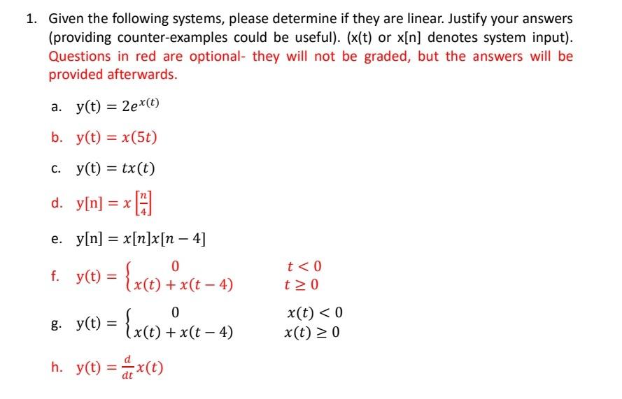 Solved 1. Given the following systems, please determine if | Chegg.com