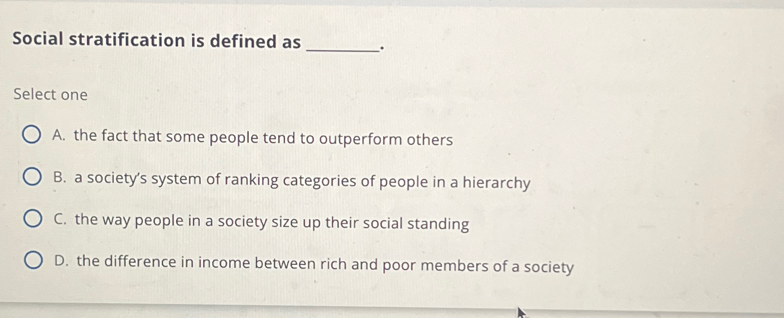 Solved Social stratification is defined asSelect oneA. ﻿the | Chegg.com