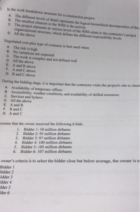 Solved 7 In the work breakdown structure for a construction | Chegg.com