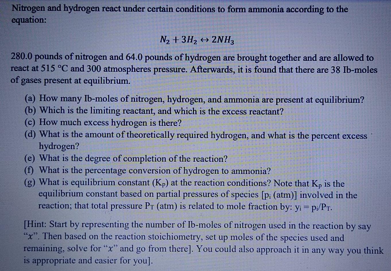 solved-nitrogen-and-hydrogen-react-to-form-ammonia-like-chegg