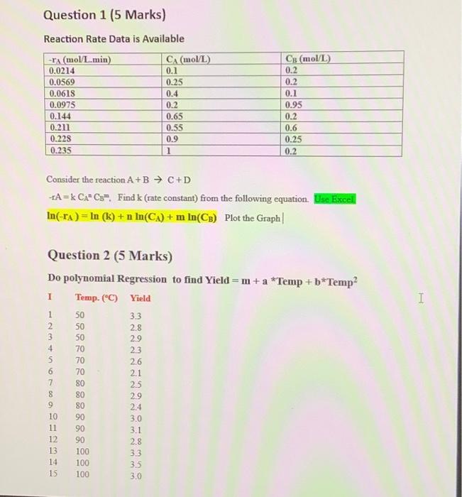 Solved Question 1 (5 Marks) Reaction Rate Data is Available | Chegg.com