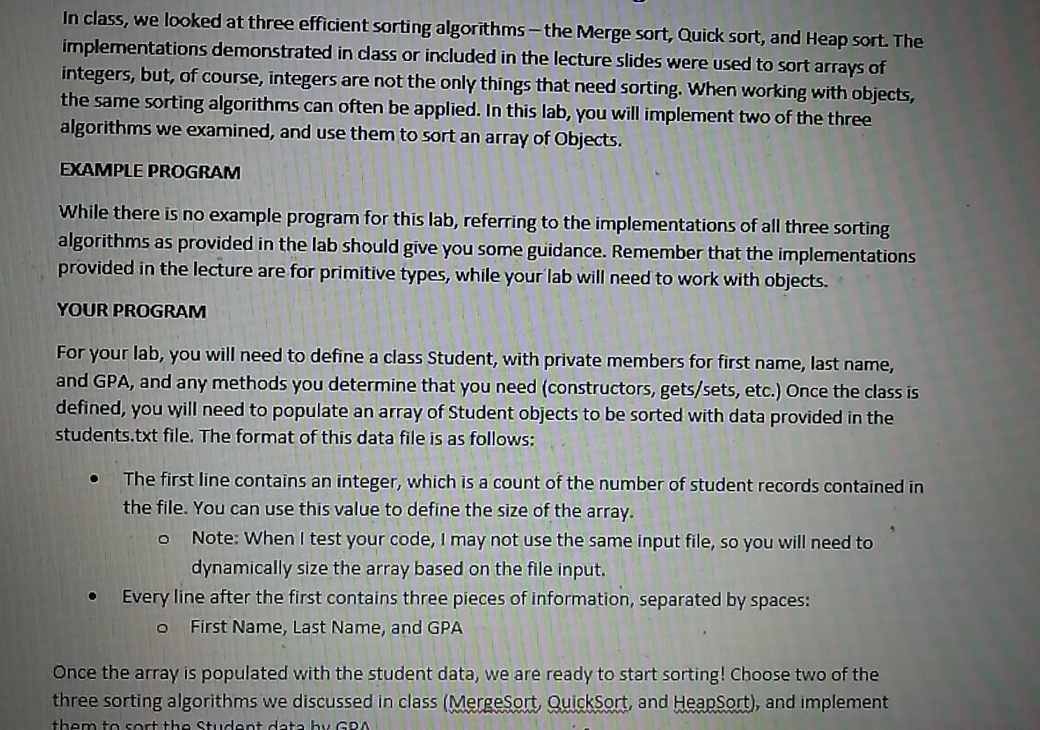 Solved In class, we looked at three efficient sorting | Chegg.com