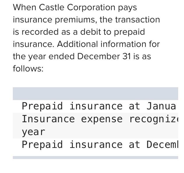 Solved When Castle Corporation pays insurance premiums, the | Chegg.com