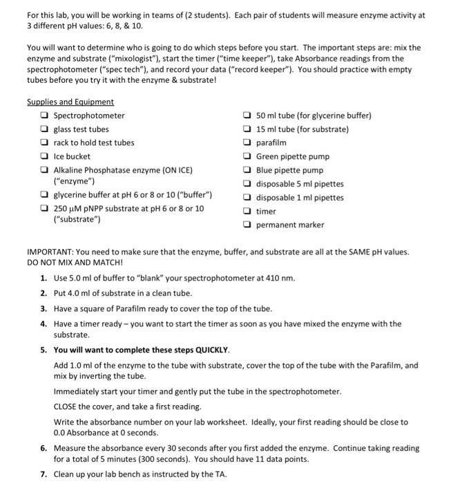 enzyme activity experiments using a simple spectrophotometer