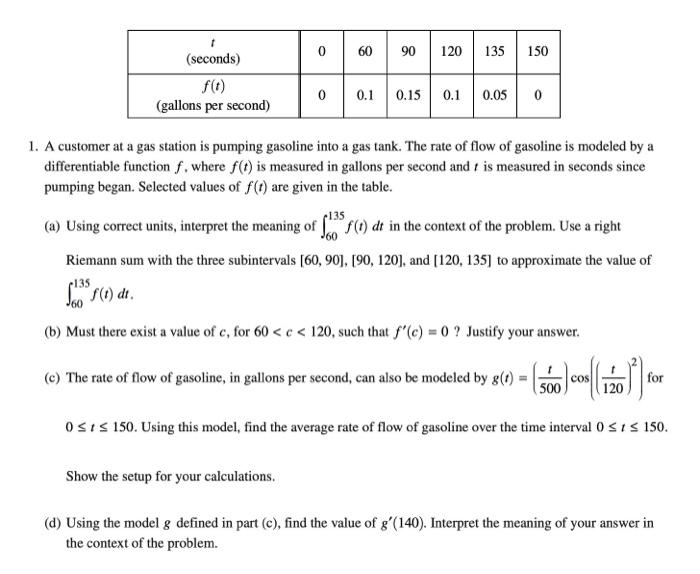 Solved t (seconds) f(t) (gallons per second) 60 0 0.1 90 120 