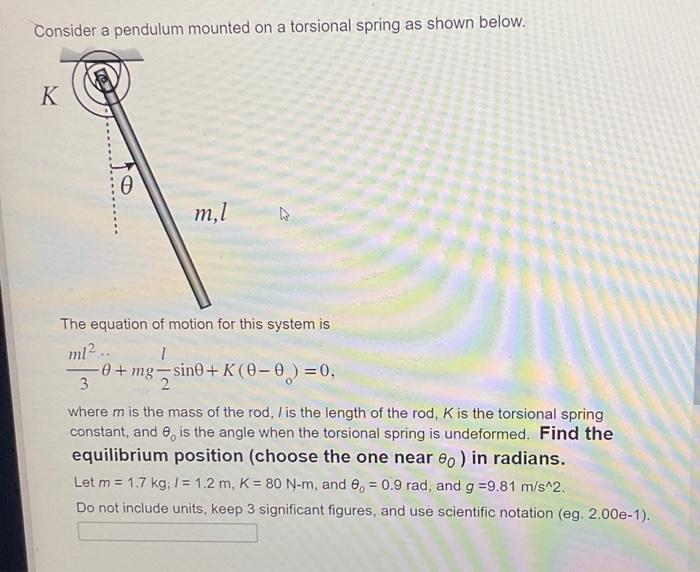 Solved Consider a pendulum mounted on a torsional spring as