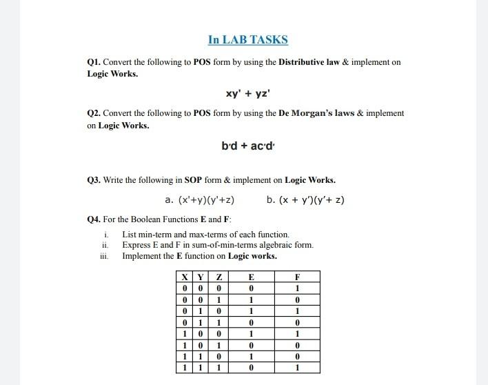 Solved In LAB TASKS Q1. Convert the following to POS form by | Chegg.com