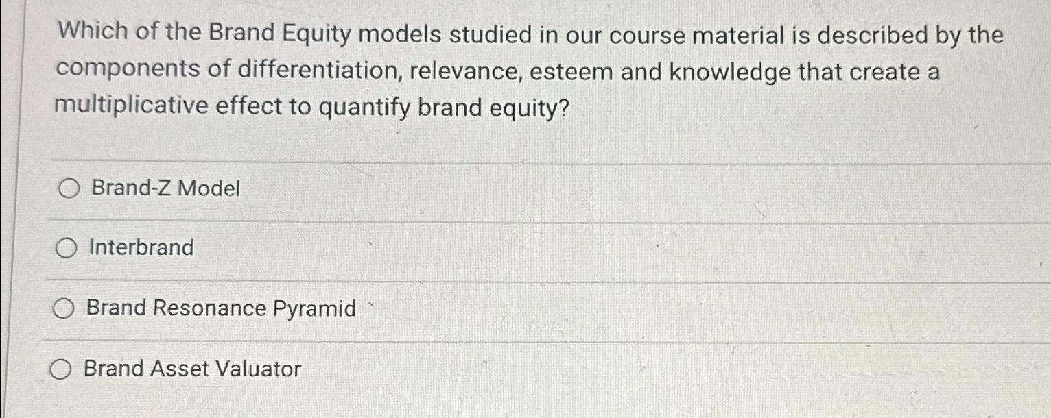 Solved Which of the Brand Equity models studied in our | Chegg.com